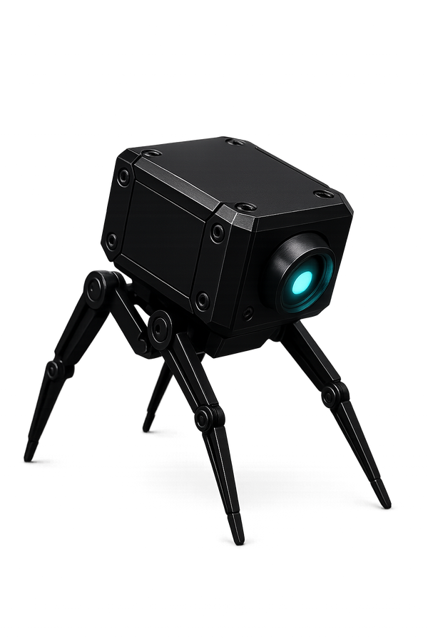 Modular drone mascot tilted forward in scanning pose, cyan LED eye aimed downward