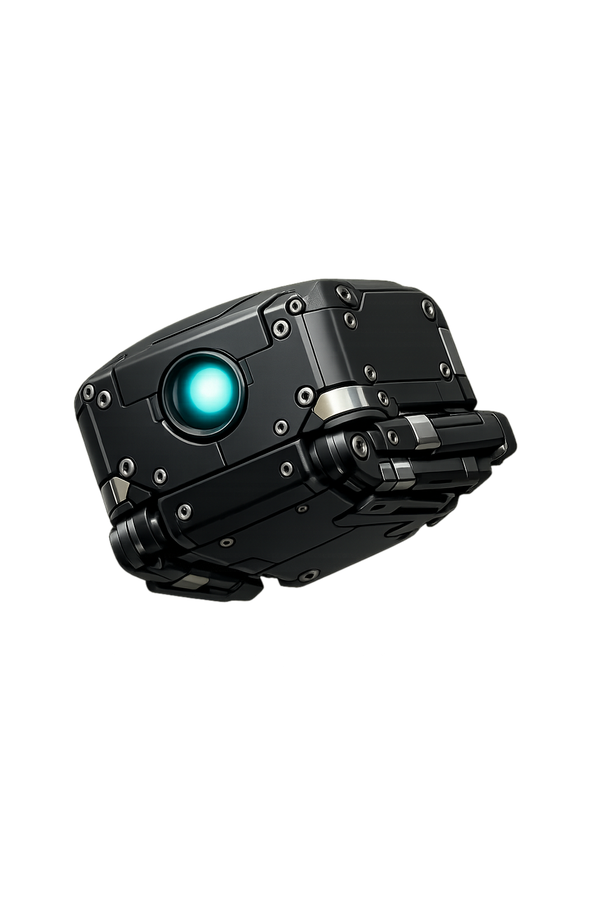 Modular drone mascot hovering with legs folded, cyan LED eye glowing