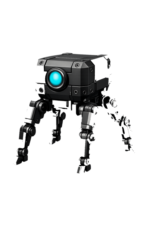 Modular drone mascot standing on four articulated legs, cyan LED eye glowing